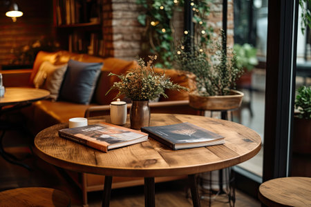 The Perfect Canvas: Showcasing Products on an Unadorned Wood Table at a Cozy Caf?の素材