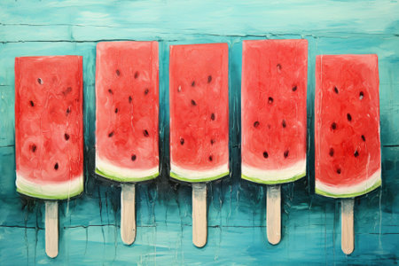 Refreshing Summertime Delight: Watermelon Slice  on a Rustic Blue Wood Canvasの素材