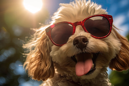 Sunny Shenanigans: The Hilarious Retreat of a Tongue-Sticking, Sunglasses-Wearing Mongrel!の素材