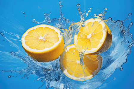 Zesty Delight: Fresh Lemon Bliss on a Vivid Blue Canvasの素材