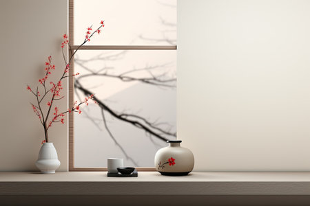 Zen-inspired Japan Style: A Minimal Cozy Counter Mockup for Product Presentation and Brandingの素材