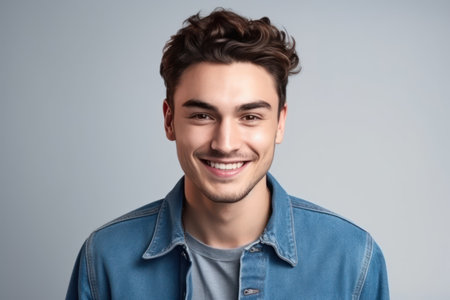 beautiful and realistic portrait of young handsome man in jean shirt smiling looking at camera over white backgroundの素材