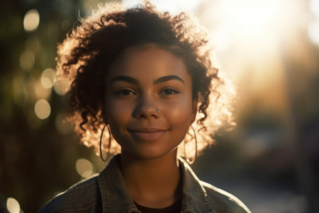 beautiful and realistic portrait of smiling young black woman with sunlight flare and copy spaceの素材