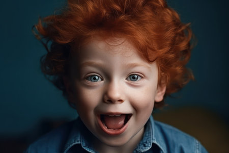 beautiful and realistic portrait of silly little ginger boy in blue shirt with wild hair mowing eyes smiling and showing tongue in camera making funny facesの素材