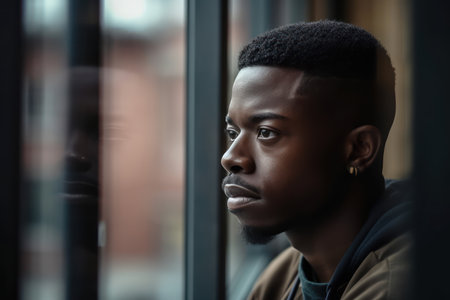 beautiful and realistic portrait of serious african american male in casual clothes looking away while leaning on glass wallの素材