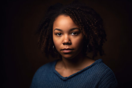 beautiful and realistic portrait of serious portly black woman in blue sweater standing against isolated brown backgroundの素材