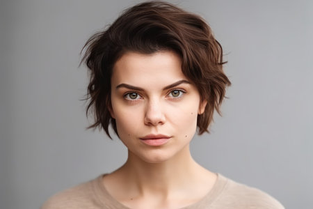 beautiful and realistic portrait of serious woman with short brown hair in basic t shirt frowning and looking at camera isolated over white backgroundの素材
