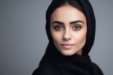 beautiful and realistic portrait of smiling young arabian girl in black hijab looking at camera on light backgroundの素材