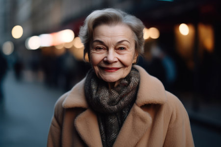 beautiful and realistic portrait of stylish old lady in coat looking at camera and smilingの素材