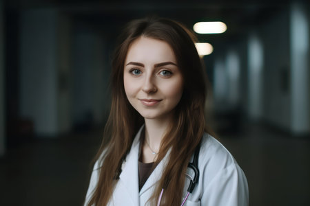 beautiful and realistic portrait of smiling female doctor wearing white coat with stethoscope in hospital officeの素材