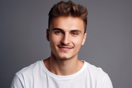 beautiful and realistic portrait of smiling handsome young man in white t shirt looking at camera isolated on gray backgroundの素材