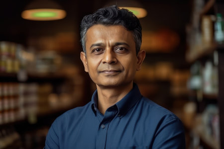 beautiful and realistic portrait of successful indian kirana or groceries businessman standing confidently with smile by looking at camera, concept of small business entrepreneurの素材