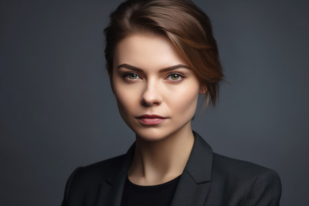 beautiful and realistic portrait of successful business woman in suit on gray isolated background, serious office female worker manager employeesの素材