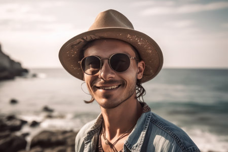 beautiful and realistic portrait of smiling man in sunglasses and sun hat standing at rocky sea shore looking at cameraの素材