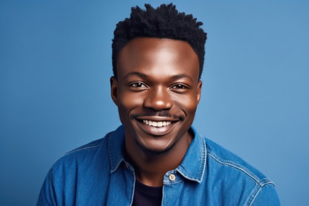 beautiful and realistic portrait of smiling african american man wearing blue on blue background and looking at camera copy spaceの素材