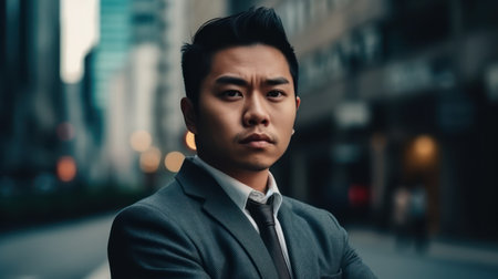 beautiful and realistic portrait of successful asian businessman standing with arms crossed standing in front of modern office buildingsの素材