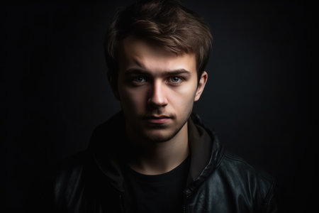 beautiful and realistic portrait of young man serious expression looking at camera dark backgroundの素材