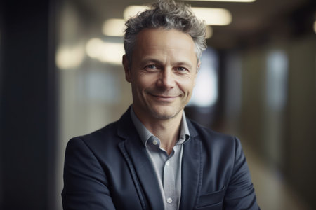 beautiful and realistic portrait of smiling mid adult businessman standing at corporate officeの素材