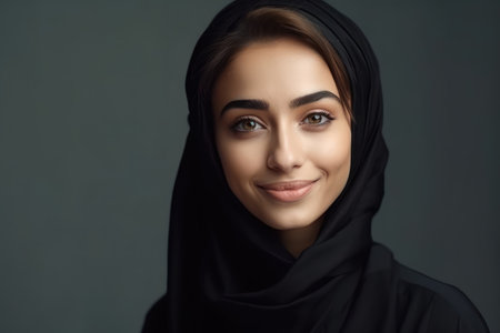 beautiful and realistic portrait of smiling young arabian girl in black hijab looking at cameraの素材