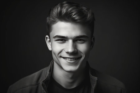 beautiful and realistic portrait of smiling young man on gray background black and whiteの素材