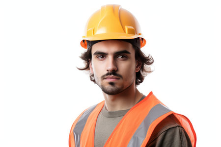 beautiful and realistic portrait of young construction worker on white backgroundの素材