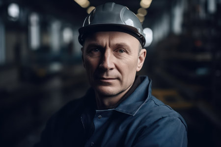 beautiful and realistic portrait of smiling professional heavy industry engineer worker wearing safety uniform and hard hat in the background, unfocused large industrial factoryの素材