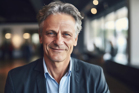 beautiful and realistic portrait of smiling mature businessman standing in lobby of busy modern officeの素材