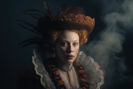 beautiful and realistic portrait of the image of queen of the 16th century, image of the queen in smoke on a gray background high quality photoの素材