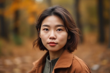 beautiful and realistic portrait of serious asian girl looking at cameraの素材