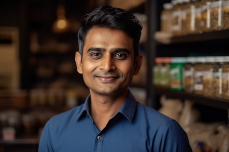 beautiful and realistic portrait of successful indian kirana or groceries businessman standing confidently with smile by looking at camera, concept of small business entrepreneurの素材