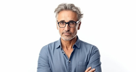 beautiful and realistic successful caucasian middle aged man in casual outfit with arms crossed isolated over white backgroundの素材