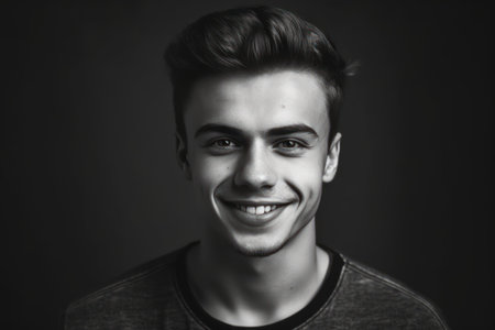 beautiful and realistic portrait of smiling young man on gray background black and whiteの素材