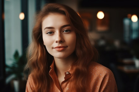 beautiful and realistic portrait of young beautiful attractive smiling cheerful positive good mood businesswoman wear dotted blouse look camera at officeの素材