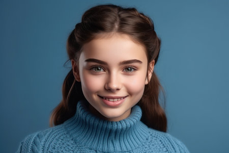 beautiful and realistic portrait of young lovely pretty smiling cheerful positive girl wearing knitted blue jumper isolated on blue color backgroundの素材