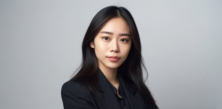 beautiful and realistic portrait of the beautiful asian businesswoman with arms crossed on a white backgroundの素材