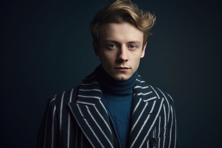 beautiful and realistic portrait of young attractive man wearing striped coat in studioの素材
