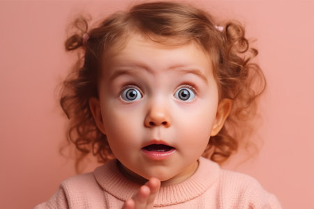 beautiful and realistic portrait of surprised cute little toddler girl child over pink background looking at cameraの素材