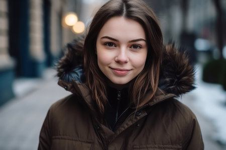 beautiful and realistic portrait of young smiling brunette woman in winter jacket looking at cameraの素材