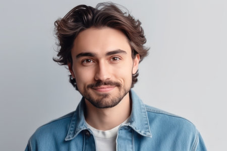 beautiful and realistic portrait of young handsome man in jean shirt smiling looking at camera over white backgroundの素材