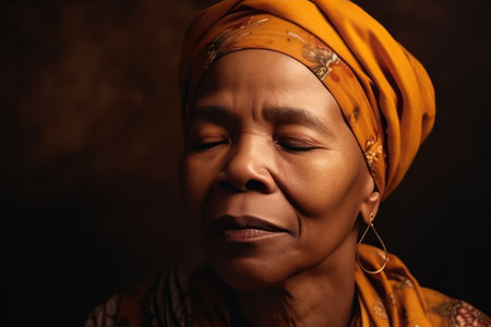 beautiful and realistic portrait serene african american mature woman wearing headscarf with eyes closedの素材