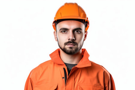 beautiful and realistic portrait of young construction worker on white backgroundの素材