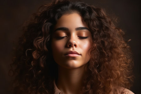 beautiful and realistic portrait serene latina young woman with long curly brunette hair with eyes closedの素材