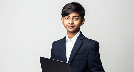 beautiful and realistic portrait of young confident indian teenager boy wearing suit holding laptop in hand looking at camera isolated on white studio backgroundの素材