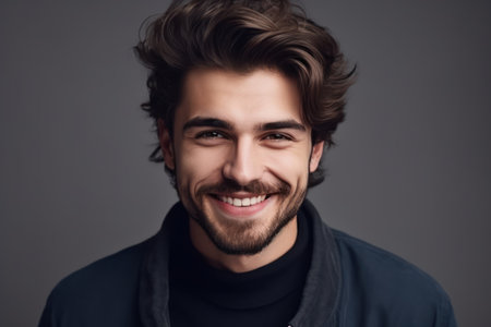 beautiful and realistic portrait of young smiling handsome man isolated on gray backgroundの素材