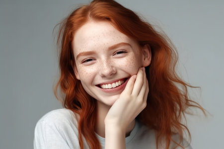 beautiful and realistic portrait of young stylish freckled girl laughing with hand on cheek looking at camera copy space isolated on whiteの素材