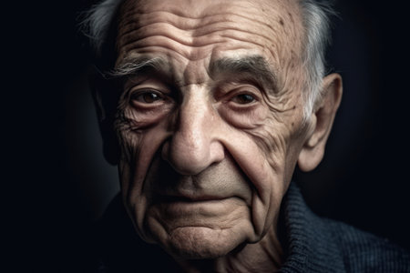 beautiful and realistic tight portrait expressive elderly man wrinkled forehead on gray backgroundの素材