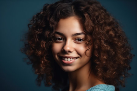 beautiful and realistic portrait of young smiling woman with curly hair isolated on blue backgroundの素材