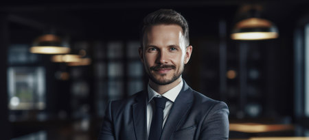 beautiful and realistic successful businessman posing with crossed arms and smiling at cameraの素材