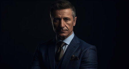beautiful and realistic portrait shot of a middle aged businessman wearing suit while standing with arms crossed at dark backgroundの素材