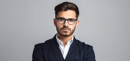 beautiful and realistic successful young businessman standing with crossed arms isolated on white backgroundの素材